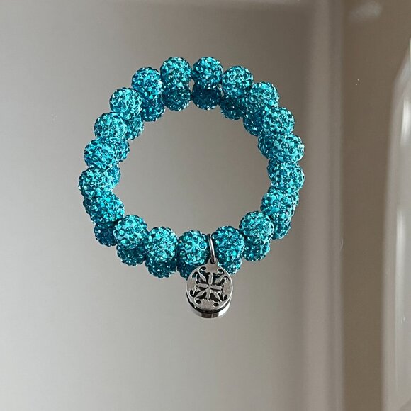 Rustic Cuff Metal Stainless Steel Shambala Beaded Stretch Bracelet aqua - Picture 2 of 2